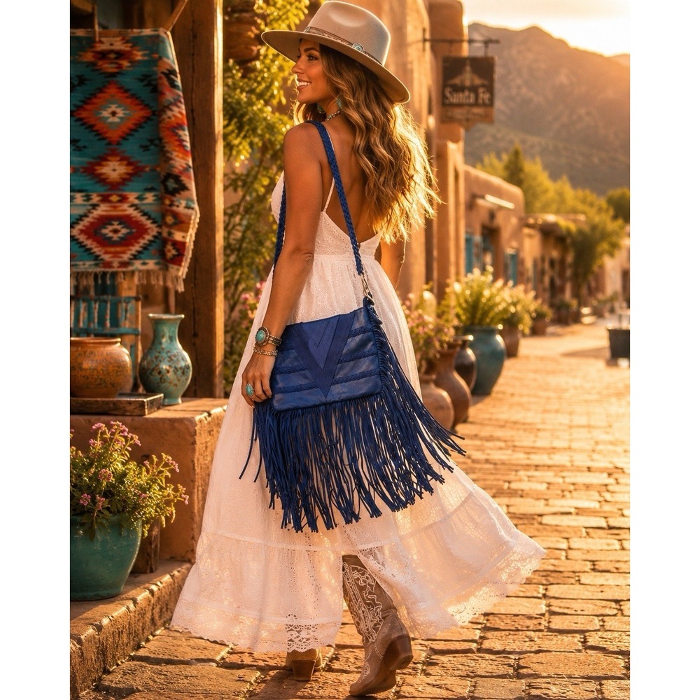 Blue Leather Fringe‎ Shoulder Bag Boho Western Braided Suede Festival Purse